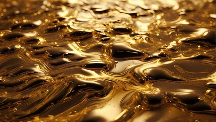 Close-up of reflective golden liquid with dynamic waves and ripples, shimmering texture