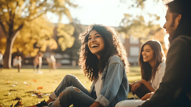 Student friendship concept with multiracial classmate friends sitting together on the grass at campus college park. Millennial people having fun social gathering outside. Youth and edu. generative ai.
