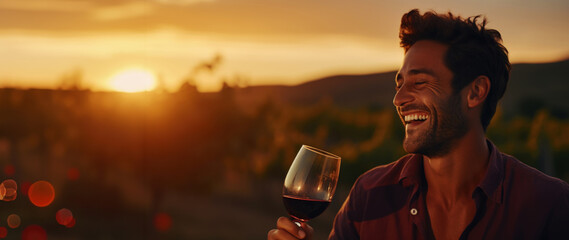 Portrait of a smiling man with a glass of wine, blurred backdrop of vineyard on a sunset. Generative AI - obrazy, fototapety, plakaty