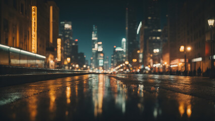 Fototapeta na wymiar An abstract cityscape background at midnight, blending defocused lights and shadows to create a vintage-inspired, cinematic atmosphere.