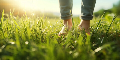 Cute Young Happy Girl.A young girl barefoot on the green grass connecting with nature. - obrazy, fototapety, plakaty