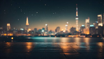 Fototapeta na wymiar An abstract cityscape background bathed in moonlight and glowing bokeh lights, offering a serene yet captivating scene with a hint of vintage color tones.