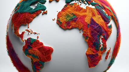 Weltkugel, die Kontinente sind mit buntem Garn dargestellt. Alles ist mit Allem verbunden.