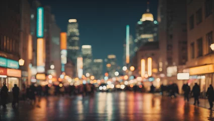 Fotobehang An abstract cityscape background with defocused lights and subtle shadows, treated in retro color tones, offering an artistic impression of urban life at night. © Kasper