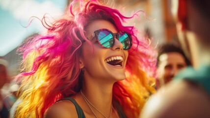 Joyful Pink-Haired Woman at Festival.