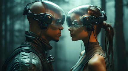 Two professional dancers wearing futuristic goggles embracing in middle of forest. generative ai.