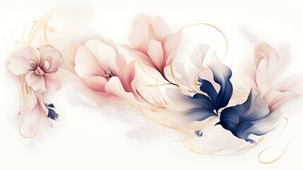 abstract background with pink and blue iris flowers and golden lines
