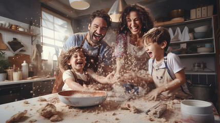 Young caucasian family being messy and having fun baking together in the kitchen. generative ai. - obrazy, fototapety, plakaty