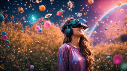 Beautiful happy girl smiling in virtual reality glasses background