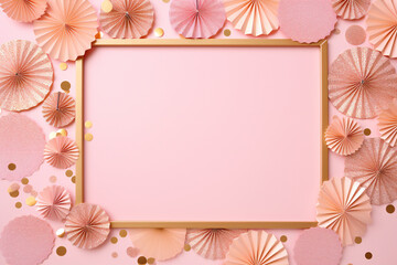 festive frame with gold and pink paper fans and round confetti on a pastel pink background for Christmas