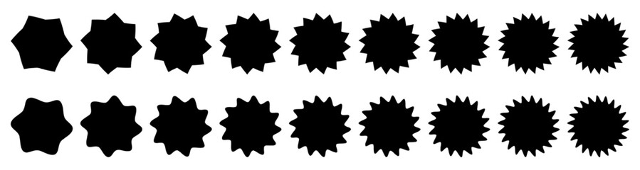Starburst icon set. Empty sunburst or sale sticker, retro stars label, price tags, discount or sale element collection.