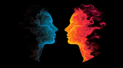 Silhouette of two human heads in profile. Mental health concept. Colorful abstract smoke. Vector illustration. Black background. - obrazy, fototapety, plakaty