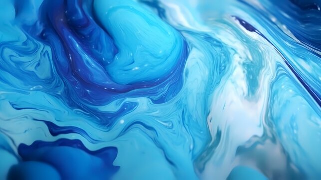 Abstract background of blue and white acrylic paint mixing in water. Fluid art.