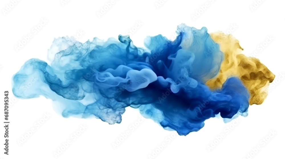 Wall mural Blue and yellow smoke isolated on a white background. Abstract cloud of ink in water.