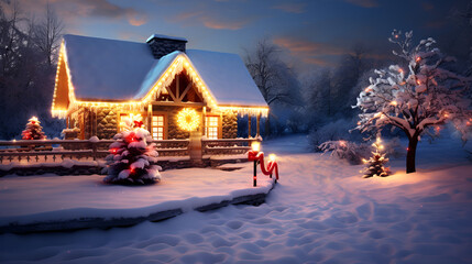 decorated house with christmas light snowy scene