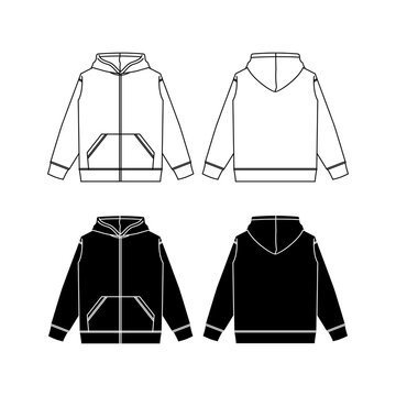 Zip up hoodie sweatshirt flat technical drawing illustration mock-up template for design and tech packs men or unisex fashion CAD streetwear