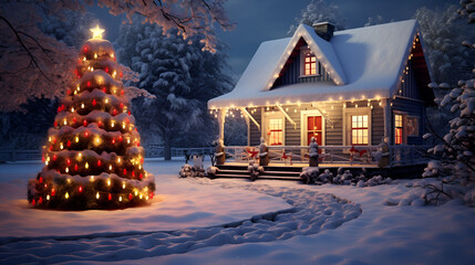 Fototapeta na wymiar decorated house with christmas light snowy scene