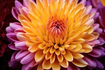 Colorful chrysanthemum flower macro shot. Mums in warm fall colors fill the frame.