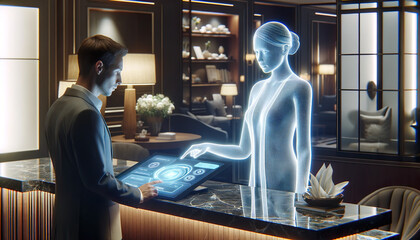 A man checks in at a hotel desk which is maned by a female hologram receptionist and a touch screen.