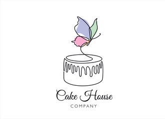 continuous one line drawing of Cake with butterfly isolated on white background for logo or decorative element. Vector illustration of sweet dessert form in trendy outline style.