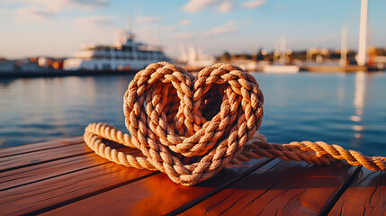 Brown webbing sailor's rope rolled into the shape of a heart, sailor's knots, stable sea background - obrazy, fototapety, plakaty