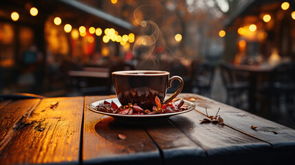 A mug of mulled wine on a rustic wooden table in the wintry setting of a Christmas Market. Generative AI