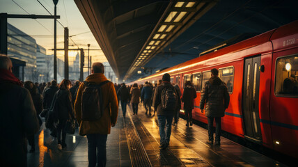 Fototapeta premium Perspective shot from the platform, passengers walking along the platform after arriving on a commuter high-speed train, concept of convenient urban transport