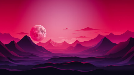 Surreal magenta and purple landscape with a full moon rising above layered mountains under a gradient sky