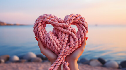 A pink sailor's rope rolled into a heart shape held by female hands by the sea. Heart-shaped sailor knots. - obrazy, fototapety, plakaty