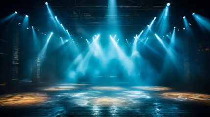 Mysterious empty stage with dramatic blue lights and smoke, spotlight on the shiny floor, ready for performance or presentation in dark ambiance