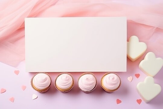 Empty white card mockup with cupcakes. Preparation for the celebration of birthday, holidays. Copy space. Top view