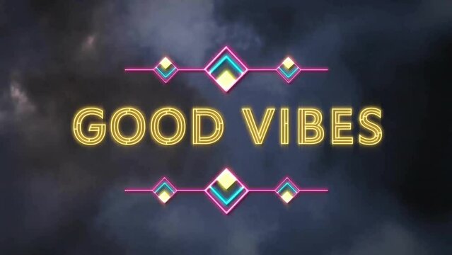 Animation of good vibes text and neon pattern on black background - Powered by Adobe