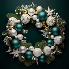 Fototapeta na wymiar christmas background with Christmas wreath, balls and snowflakes