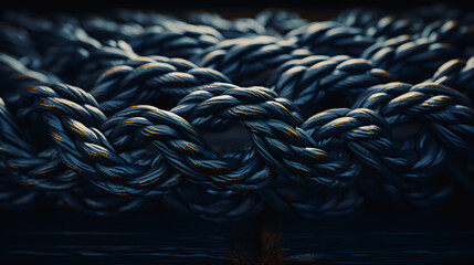 Black braided rope wrapped in a sailor's knot on a black background - obrazy, fototapety, plakaty