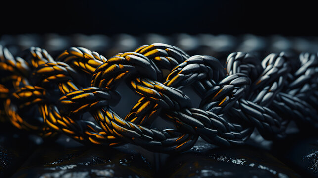 Black braided rope wrapped in a sailor's knot on a black background