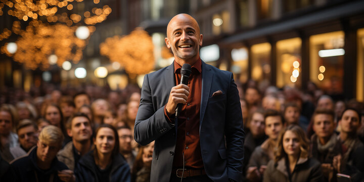 Entertainer beim Vortrag mit vielen Menschen im Hintergrund im Querformat f&uuml;r Banner, ai generativ