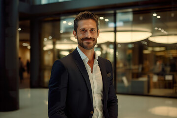 Fototapeta premium Smiling businessman standing in modern office building
