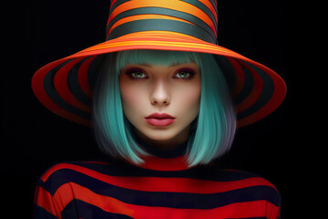 Gorgeous female portrait. Striped hat and jersey bold colors