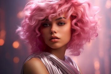 Fototapeta premium Beautiful young woman with beautiful pink lush hairstyle