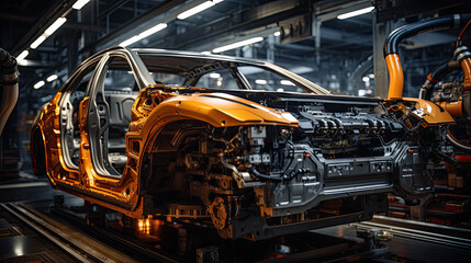 Obraz premium Automotive Ballet: Robotic Precision in Massive Production Plant. Generative AI
