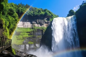 waterfall with rainbow of mist. Huge waterfall flowing from under giant glacier