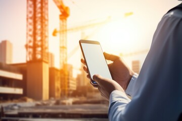 Phone and hands of person on construction background. Construction engineers are using tablet. Construction worker with building plans and cellphone. - obrazy, fototapety, plakaty