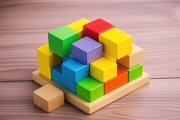 Puzzle toy with geometric blocks of bright colors. Learning and education concept. Top view of wooden shape sorter puzzle toy