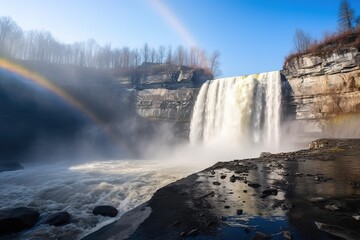 Shot of waterfall through a rainbow created by its own mist