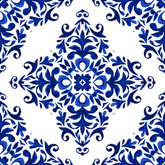 Watercolor blue damask hand drawn floral design. Seamless pattern, tiling ornament abstract medallion filigree background.