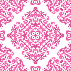 Abstract pink and white damask baroque medallion tile seamless ornamental pattern.