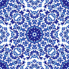 Watercolor blue damask hand drawn floral design. Seamless pattern, tiling ornament abstract medallion filigree background.