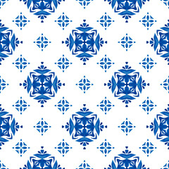 Watercolor indigo blue damask seamless pattern, renaissance tiling ornament. Grunge style