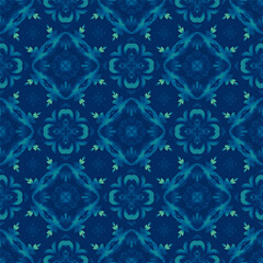 Blue azulejo seamless watercolor vector pattern. Gorgeous Portuguese ceramic vector. Tiling wall mosaic fill.