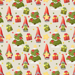 Seamless vector background with Christmas gnomes and trees. New Year pattern for wrapping paper, fabric, clothing, textiles, surface textures, scrapbooking.
